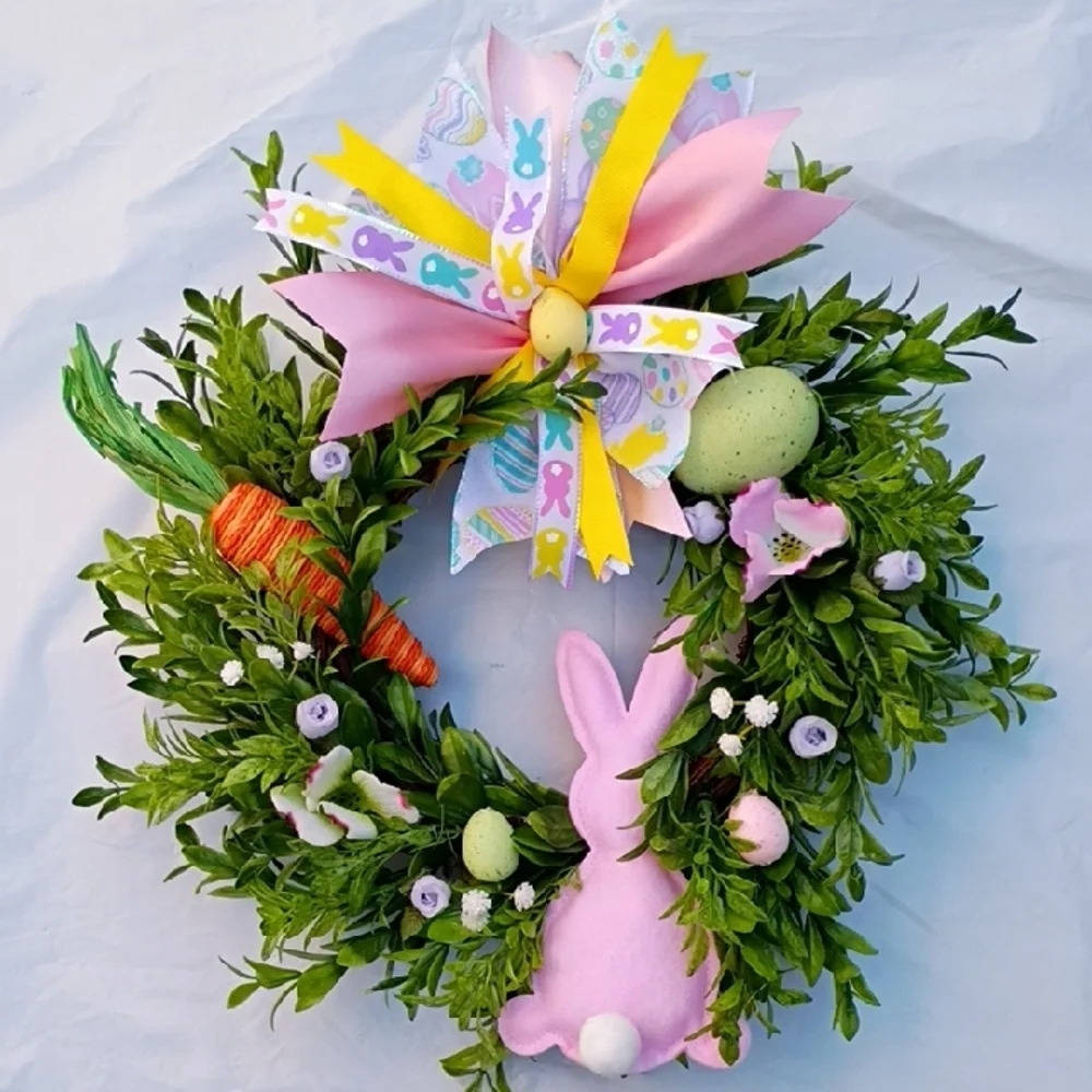 Easter Bunny Wreath with Pink and Carrot Eggs Green Accents Handcrafted